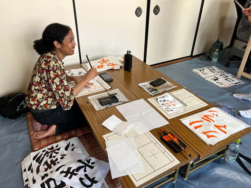 Kyoto: Calligraphy class at Buddhist temple in city center - OMIYAGE keychain, plus what your artwork means at home