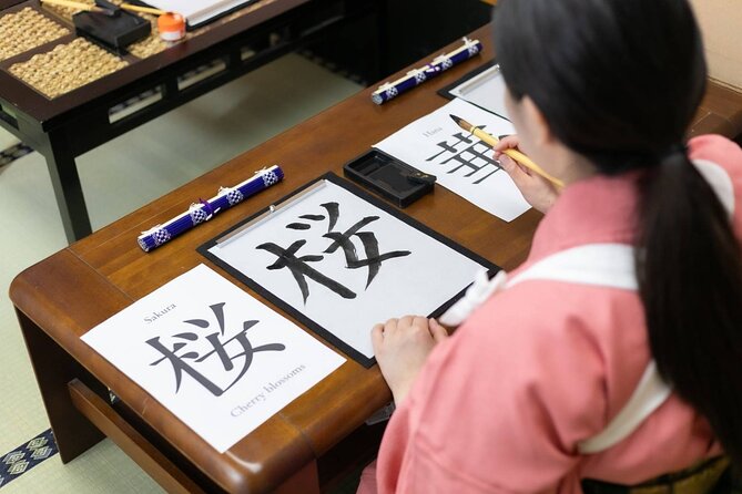 Learning Zen of Japanese Calligraphy in kimono near Osaka Castle - The Wooden Tag Surprise and Your Final Draft Moment